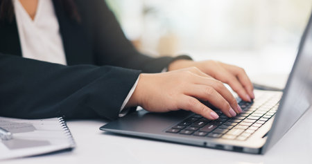 Hands, employee and typing on laptop for research, finance report or payroll system. Business...