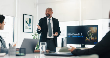Meeting, collaboration and business people in office with screen for renewable and green energy....