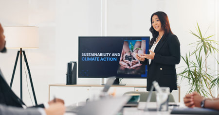 Business woman, presentation and sustainability with audience, climate change and action for...