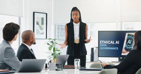 Computer screen, meeting and presentation with business woman in office for ethical ai. Monitor,...