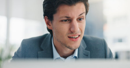 Businessman, confused and thinking with computer at office, mistake and stress at finance agency....
