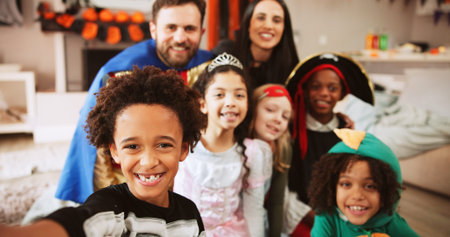 Portrait, parents and selfie with children, halloween or happy for spooky season in home and memory....