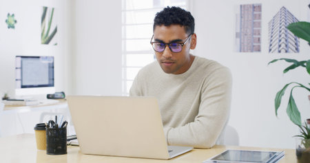 Laptop, glasses and reading with business man in office for project checklist, event manager and...
