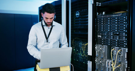 Cybersecurity, upgrade and man with laptop, coding or check server performance and network engineer....