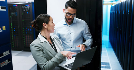 Server room, team and people with laptop for discussion, diagnostics or networking. IT, technician...