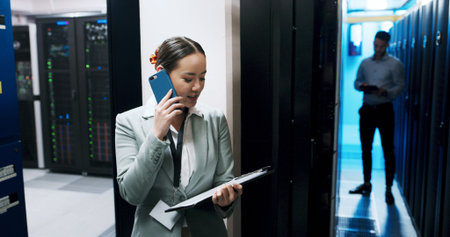 Server room, clipboard or woman with phone call for technology or hardware maintenance. Network...