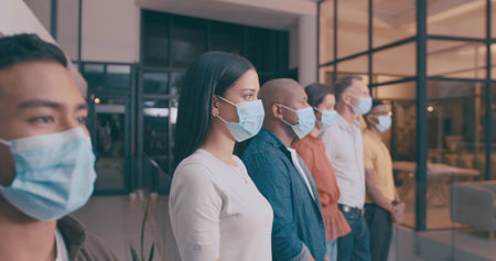 Group, people and meeting with face mask in office for social distance, compliance and safety....