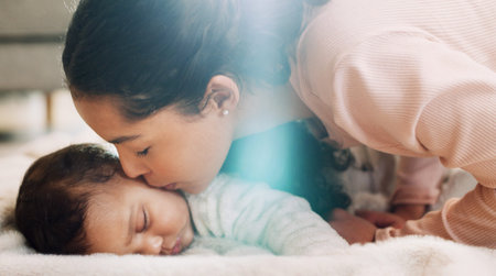 Sleeping, kiss and mom with baby in home on blanket for rest, dreaming and relax for bonding....