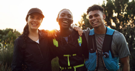 Hiking, portrait and explore with friends in nature for adventure, bonding and backpacking...