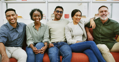 Team portrait, smile and business people on couch for solidarity, about us or writers laugh. Group,...
