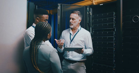 Server room, training and manager with people on tablet for cybersecurity, diagnostics test and...