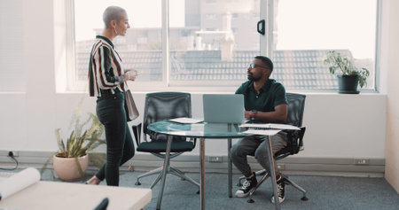 Business, people and talking in office with arrival for appointment, meeting or career opportunity....