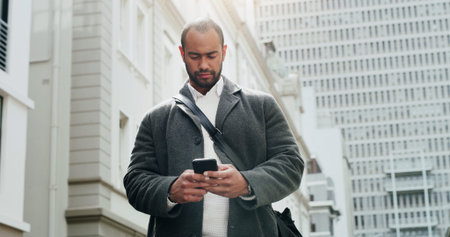Phone, text and businessman in city for journalist research, source investigation or contact....