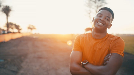 Portrait, fitness and man with arms crossed, outdoor or break for athlete, workout routine or flare....