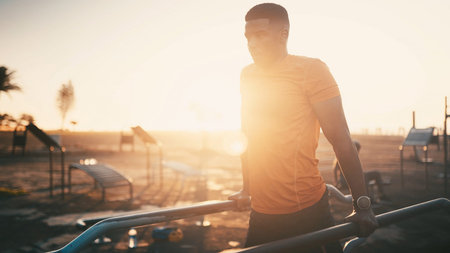 Athlete, black man and pull up on machine at park for fitness, exercise and strength training. Male...