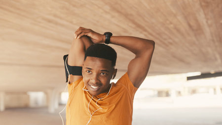 Happy, black man and stretching with earphones for fitness, workout preparation or exercise in city....