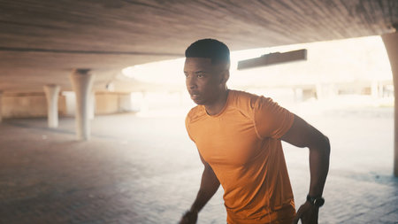 Athlete, black man and running for fitness outdoor for exercise, cardio training and performance....