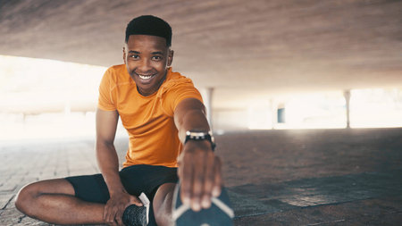 Portrait, black man and stretching legs outdoor for fitness, exercise and preparation at training...