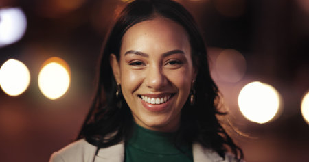 Night, portrait and smile with corporate woman at work for career development or job opportunity....
