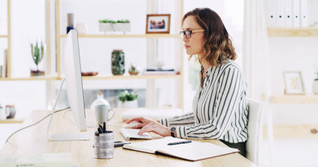 Computer, reading and business woman in office for email, risk management or insurance policy....