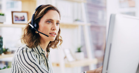 Computer, contact us and manager woman in call center for assistance, consulting or feedback....