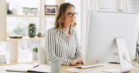 Business woman, office and computer for typing email with policy development, research or feedback....