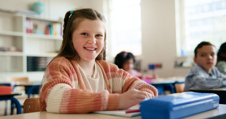 Happy, writing and portrait of child in classroom with confidence for education, learning or growth....