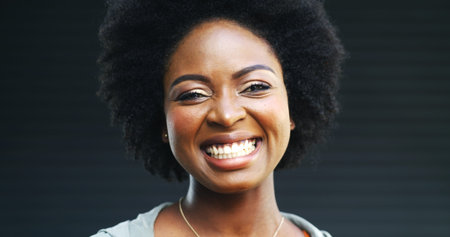 Glow, smile and portrait of black woman in studio for cosmetics, confidence and aesthetic. Self...