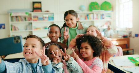Education, peace sign and selfie with children in class together for learning or memories....