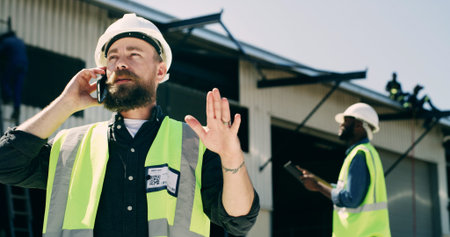 Construction, business or man on site with phone call, building failure or project delay....
