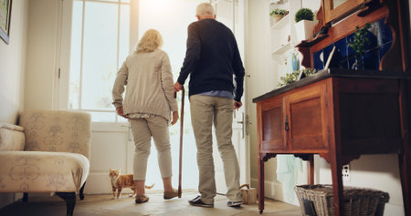 Back, retirement or senior couple at house by door, health benefit or exercise in morning walk....