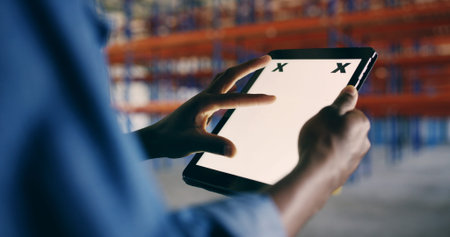 Person, hands or logistics with tablet screen for inventory checklist or stock control in warehouse....