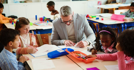 Education, man and teacher with children, classroom or knowledge for growth, development or writing....