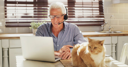 Man, remote work and headset with laptop at house for customer service, advice and help client....