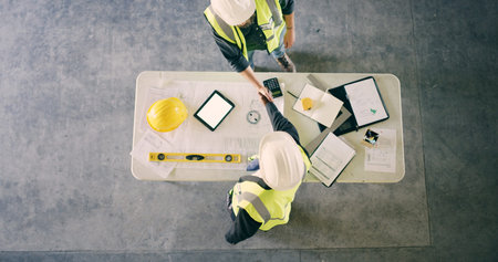 Business people, handshake or architect with project above for construction planning or agreement....