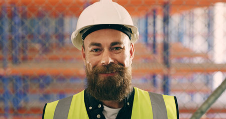 Portrait, supply chain and man in warehouse, helmet and confidence with inspection. Person, hard hat...