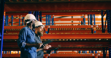 Conversation, tablet and walking with construction worker men in storage depot for inspection....