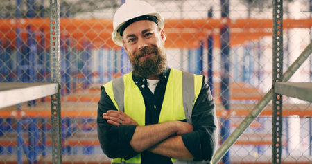Man, arms crossed and smile at warehouse, shelves and pride for career, logistics and industry at...