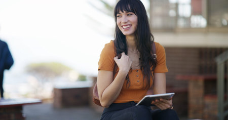 Student, tablet and smile with woman in college for education, research thesis and scholarship...