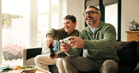 Playing, video games and dad with child, home or happy with subscription on website, fun and online....