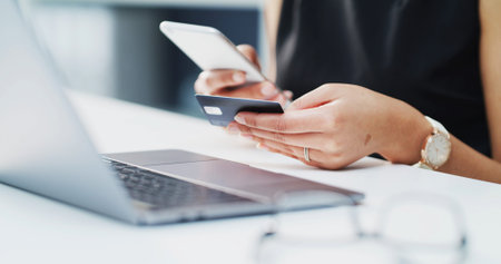 Phone, credit card and hands of business woman with budget, savings or financial investment. Mobile,...