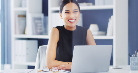 Portrait, internet and happy woman in office, laptop and email with budget report, pride and...