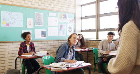 High school, lesson and teacher with students in classroom for curriculum, education and learning....