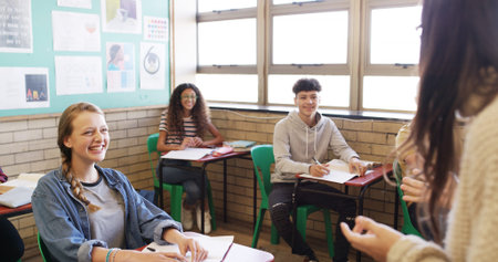 High school, teacher or discussion with students in classroom for learning, guidance and teaching....