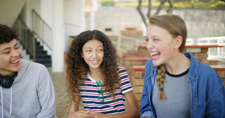 High school, friends and students with discussion, smile and education with study tips, break and...