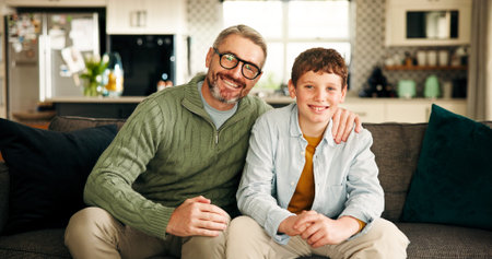 Portrait, man and bonding with child, home and affection on break in living room, happy and embrace....