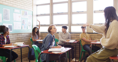 High school, question and teacher with students in classroom for curriculum, education and learning....