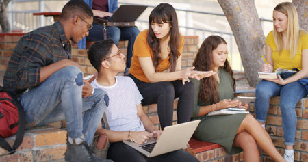 People, students and talk with laptop at campus for education, research and group project. Friends,...