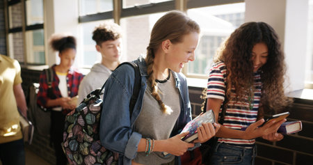 Happy people, students or phone with results in school for online curriculum, education or learning....