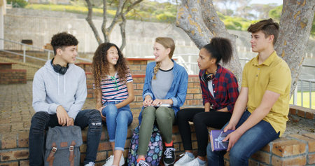 High school, friends and students with discussion, outdoor and education with study tips. Happy...